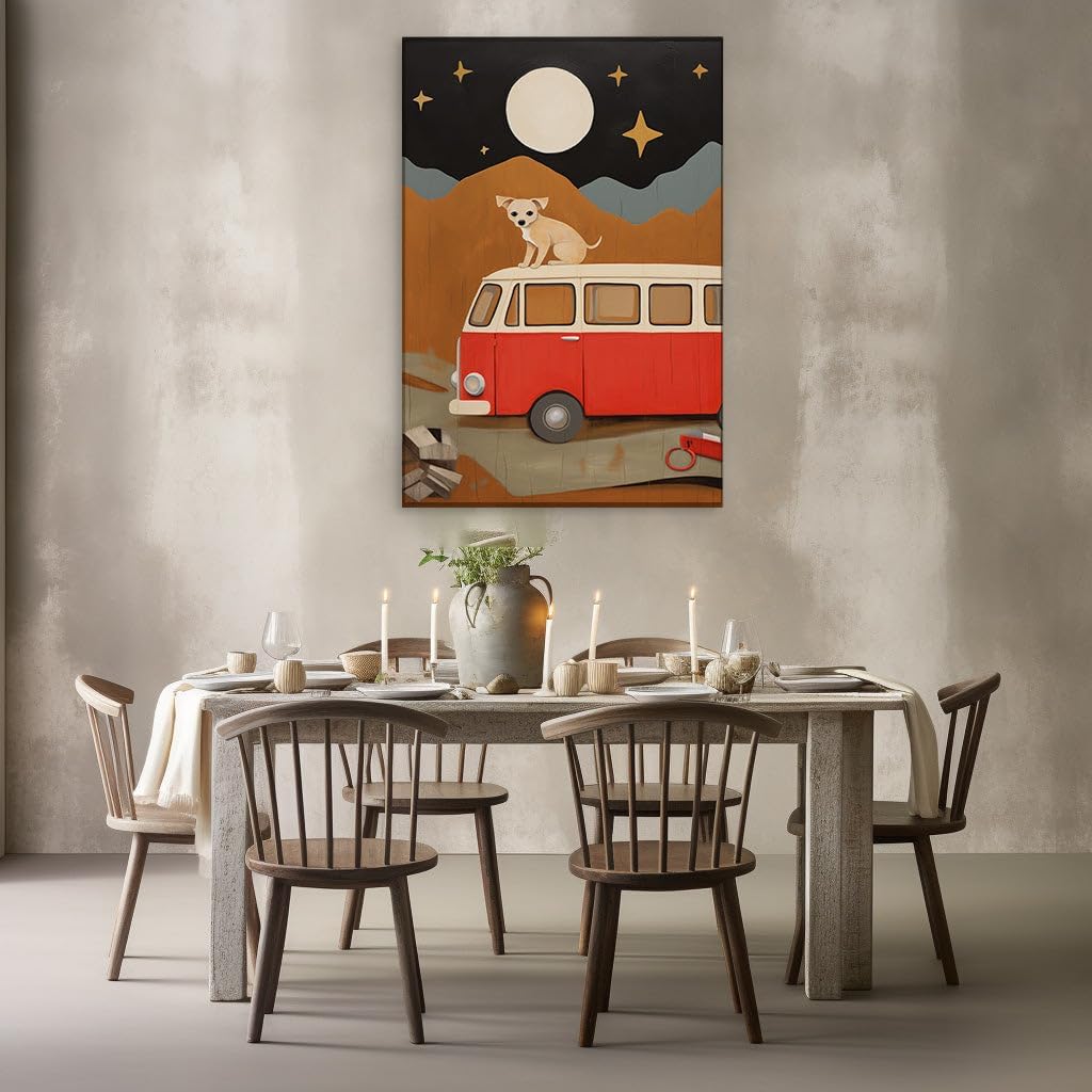 Canvas for Living room. Moonlit Escape: A Serene Canine on a Van Top Adventure, 27 x 18 inch Canvas Wall Art - Modern Home Decor - 69x46 cm (27x18 inch)
