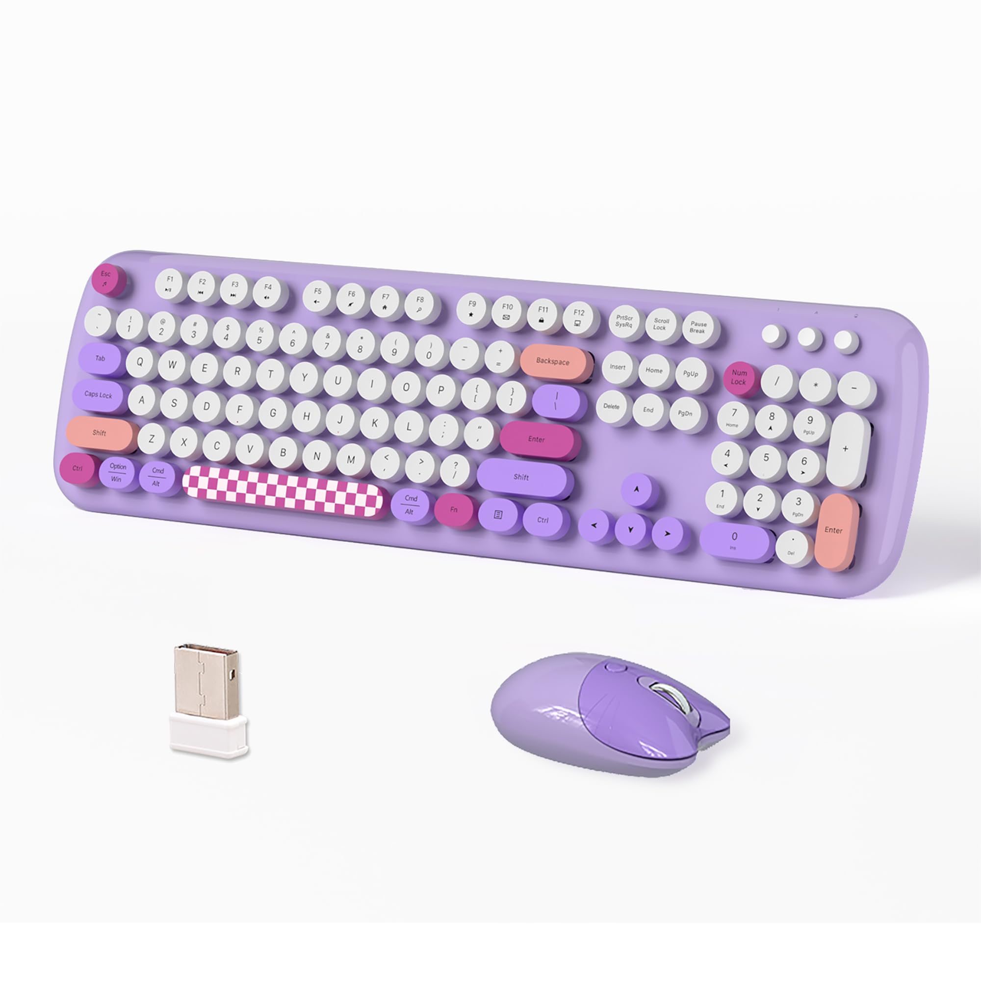 2.4G Full-Size Wireless Keyboard and Mouse Combo, Multi-Color Typewriter Style Round Keycap, Cute Candy Colors, Compatible with Notebook, PC (Purple)