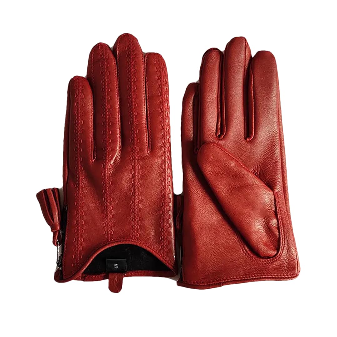 Guantes de conducción con flecos de poliuretano para mujer, estilo corto, con cremallera, para otoño e invierno, con forro de terciopelo, color rojo, XS, azul, XS