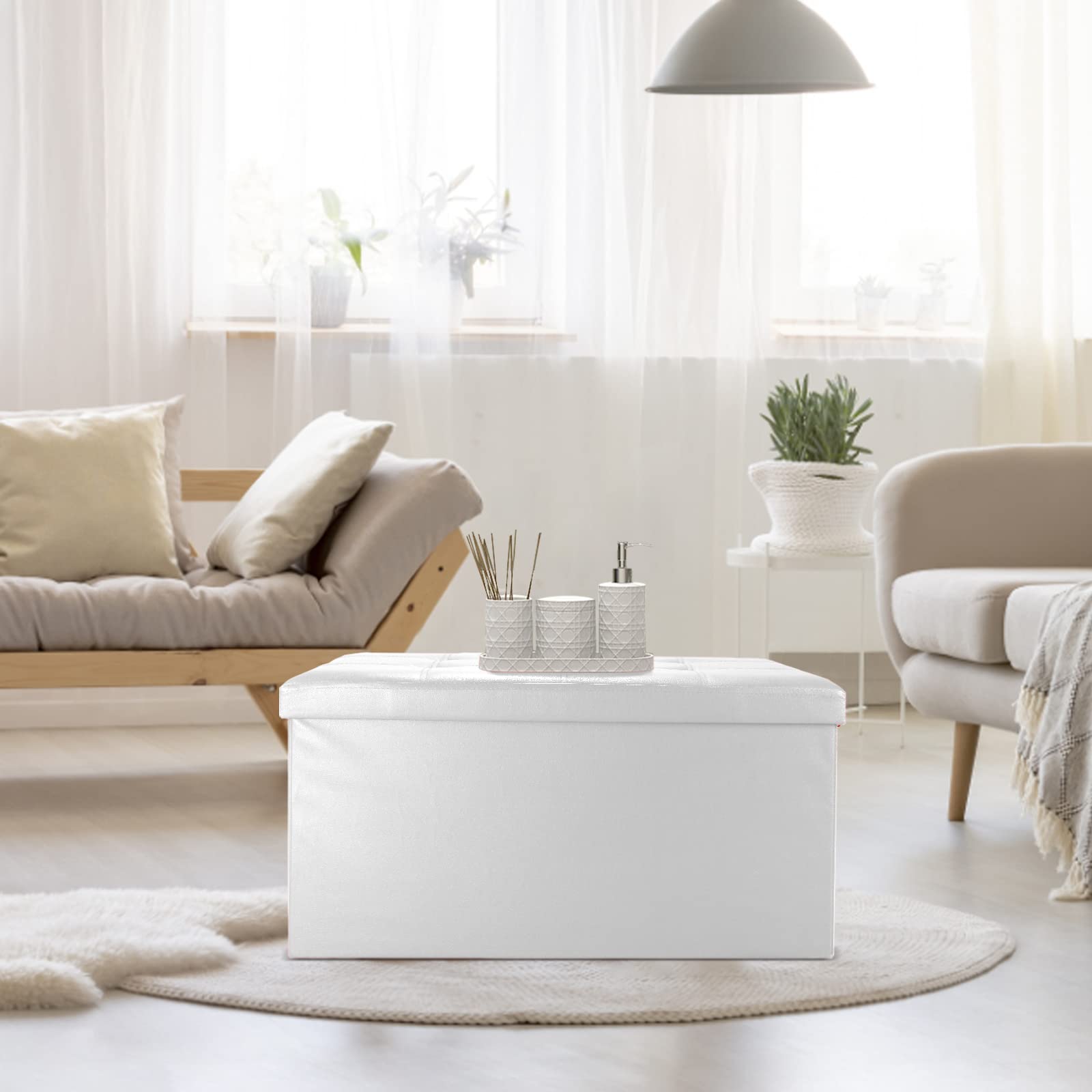 Todeco Taburete para Almacenaje Plegable Baúl Puff, Talle Grande Capacidad Banco Almacenaje Baul Almacenaje Otomano-Carga máxima: 150 kg-Material: Imitación de Cuero, 76 x 38 x 38 cm, Blanco