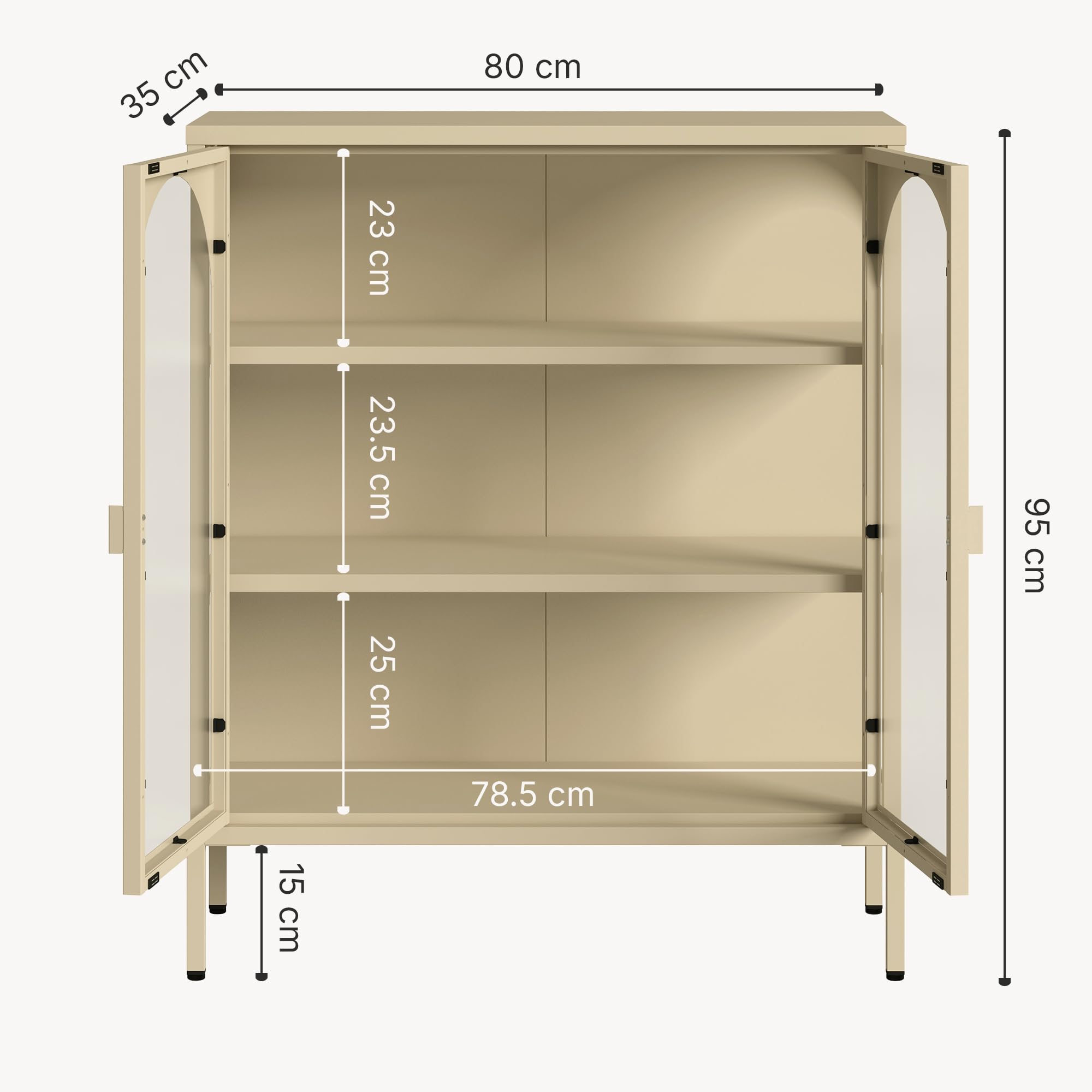 [en.casa] Vitrina Klippestad Aparador Alto 2 Puertas de Cristal Transparente 3 Compartimentos Cerrados Mueble Auxiliar para Cocina Comedor Oficina Acero 95 x 80 x 35 cm - Camel