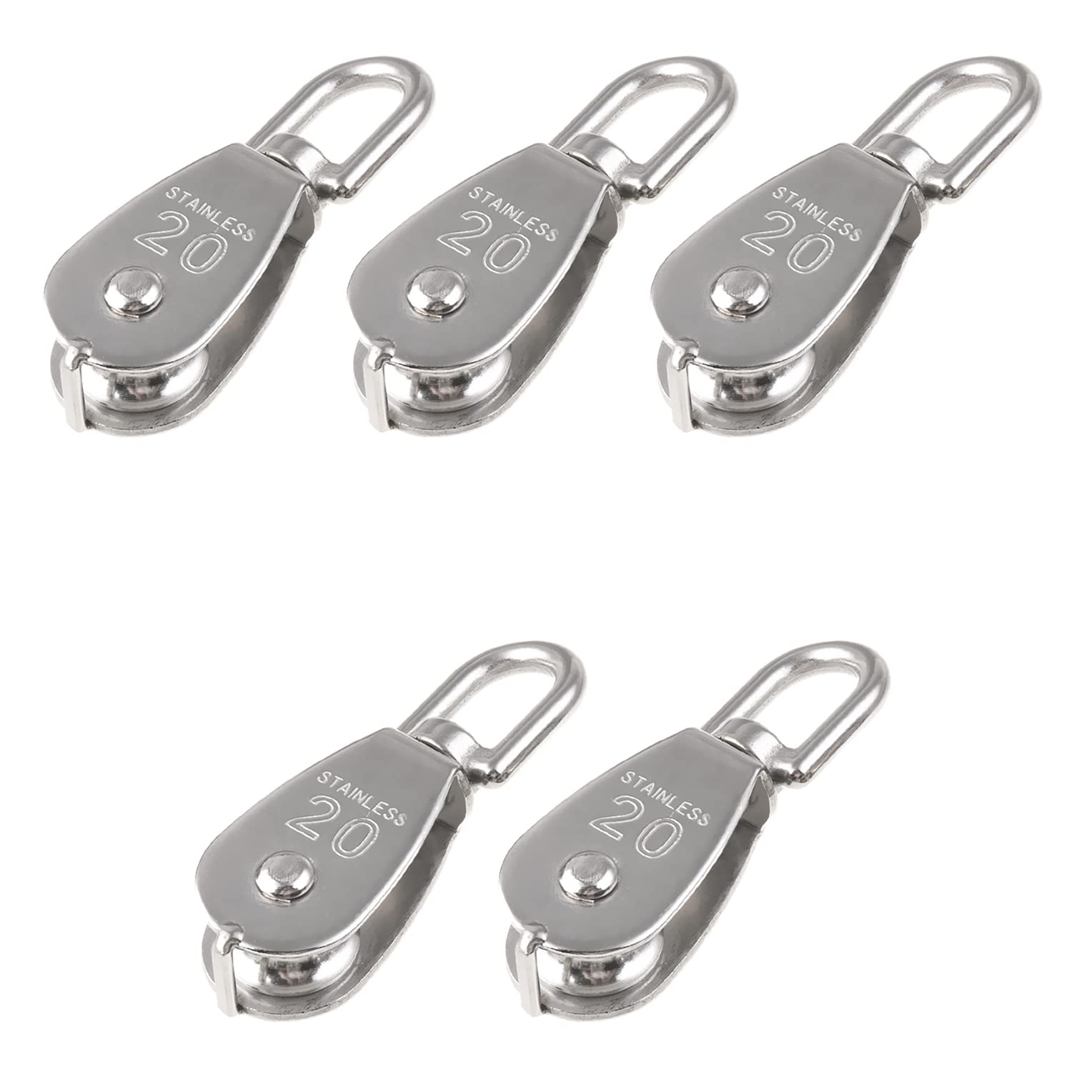 M20 Lifting Crane Swivel Hook Single Pulley 304SS Block Hanging Wire Towing Wheel for Lifting Wirerope Traction Crane, Silver Tone 5Pcs