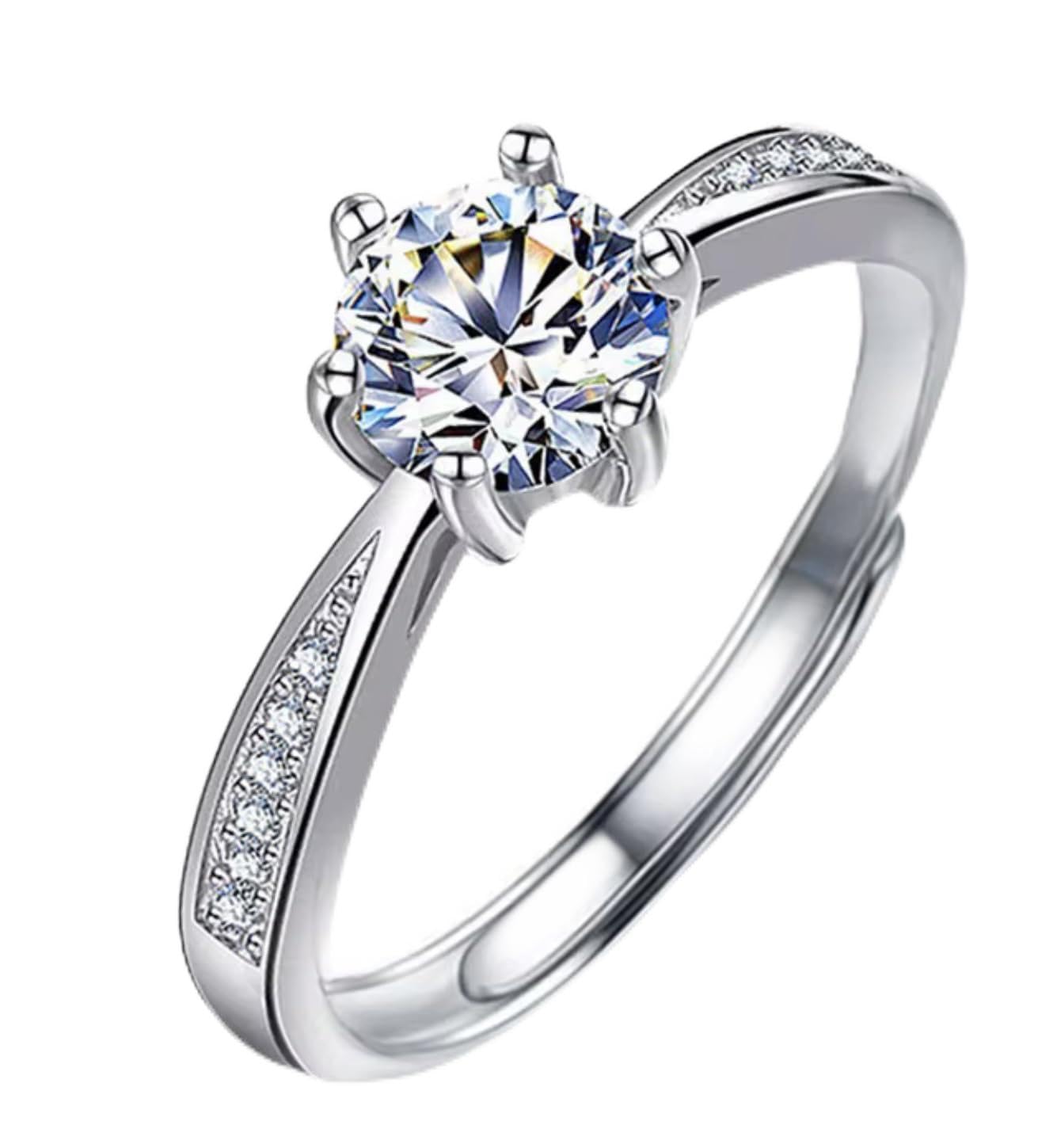 Anillo de Compromiso con Rhinestone Redonda, Plata, Ajustable, Estilo Solitario con Pavé