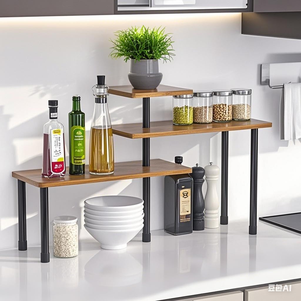 Mensola Angolare a 3 Livelli Cucina Piano di Lavoro in Legno, Mensola da Cucina, Organizer da Cucina Regolabile per Spezie, Caffè e Bagno, Organizzatore da Cucina per Piano di Lavoro, Mensola