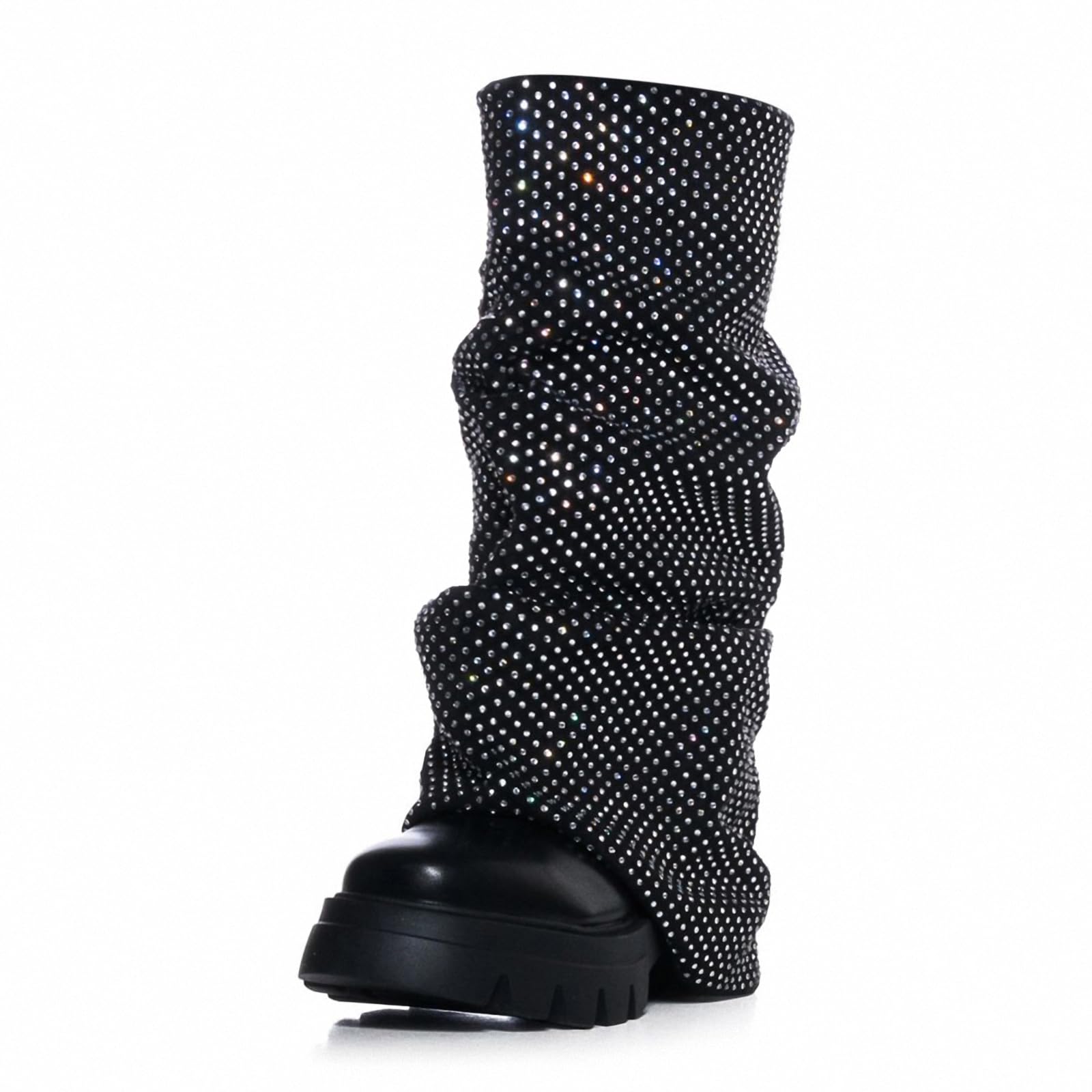 Womens Platform Round Toe Fold Over Mid Calf Boots Chunky Heel Pull-On Fashion Shark Booties for Ladies Party