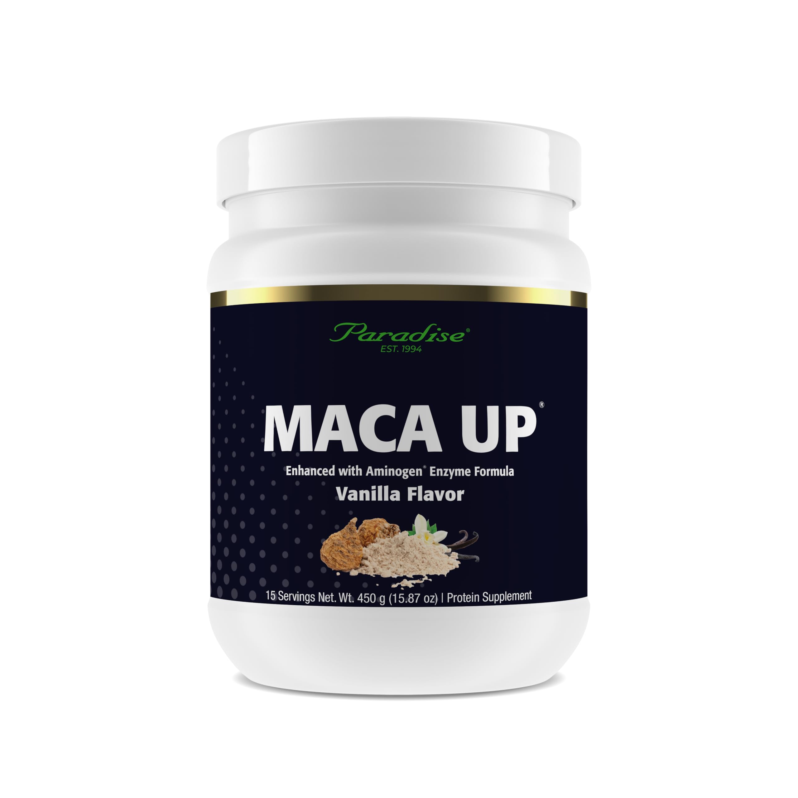 Paradise Herbs Maca Up Vanilla Vegan Protein Powder, Organic Pea & Brown Rice, Maca Root, Aminogen Digestive Enzyme Blend, Nutrim Oat Bran Fiber, 15 Servings, 450 g