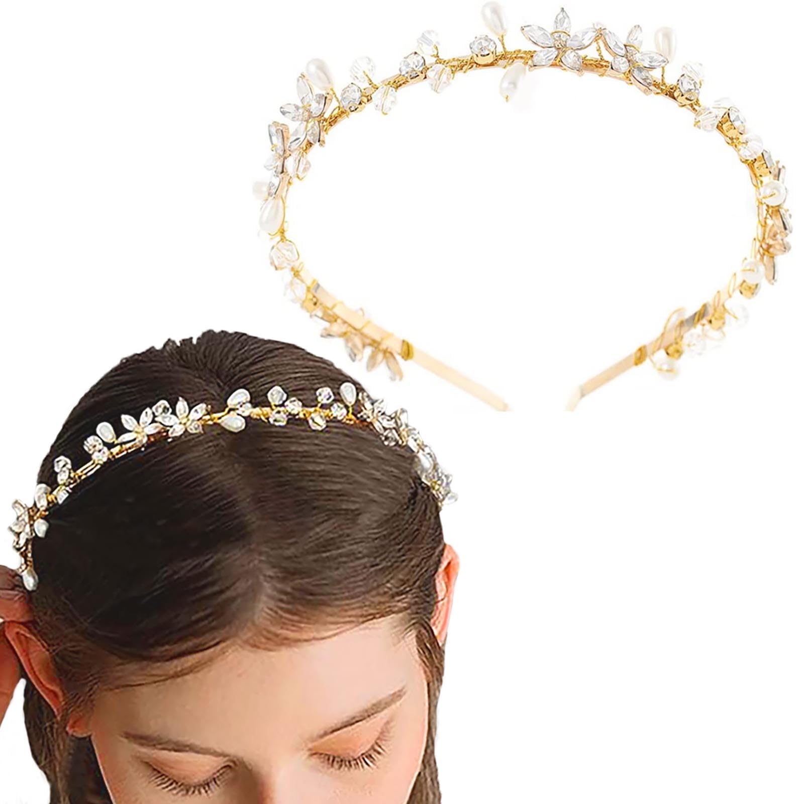 Flayem Diadema de cristal con perlas doradas, diadema nupcial con diamantes de imitación, diadema de boda para mujeres y niñas