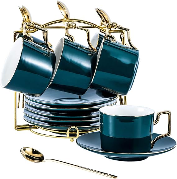 YOLIFE Tea Cups and Saucers Set, Porcelain Teal Coffee Cup Saucer, Cup