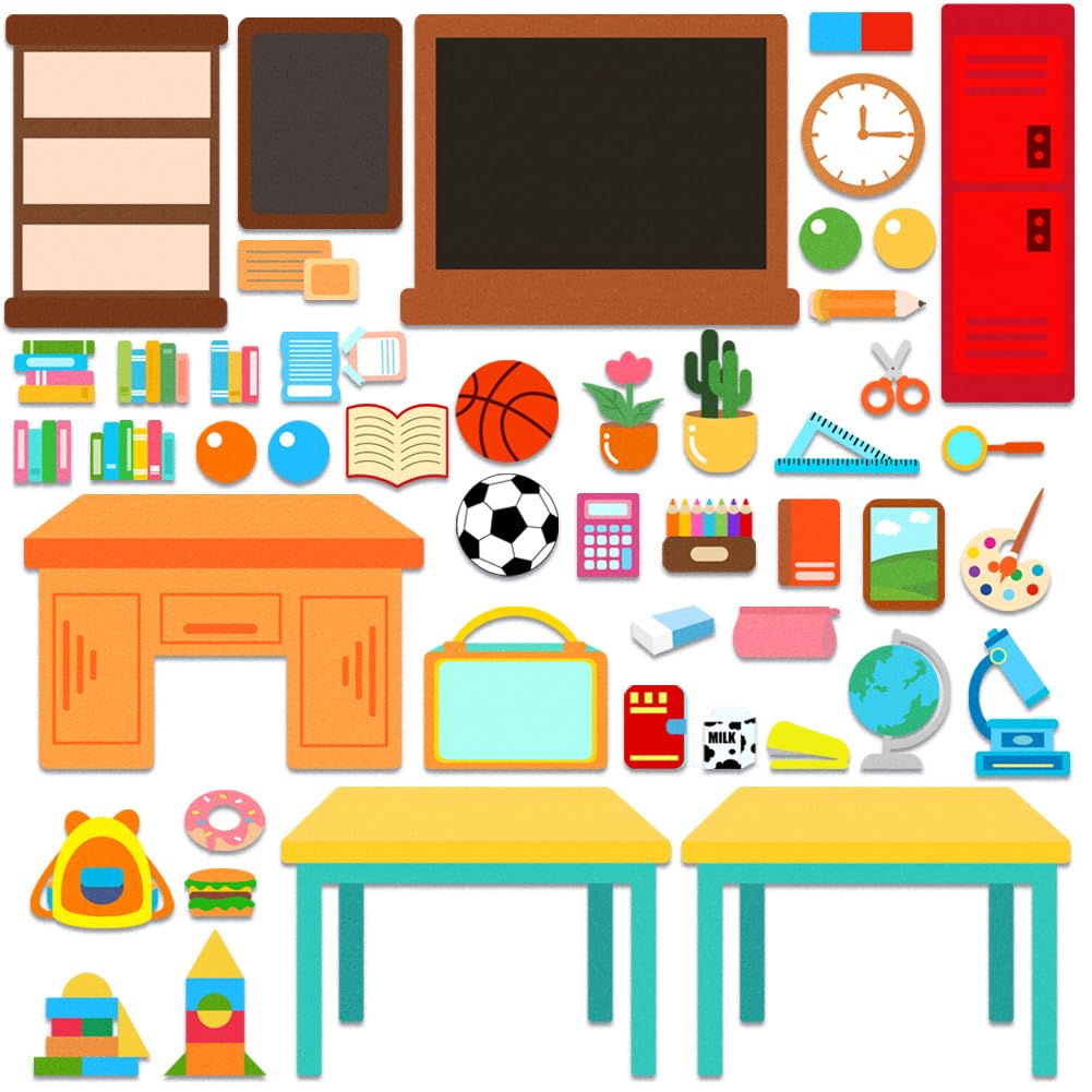 BEUNITONE 48 Pcs School Felt Story Boards Preschool Classroom Large Felt Story Pieces Set Flannel Board Stories for Preschool Activities Felt Story Board for Wall Early Learning Home Classroom Travle