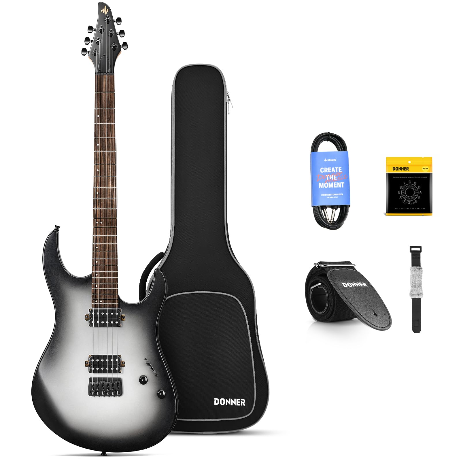 Donner Solid Body E-Gitarre, 39 Zoll Metall E-Gitarre Anfänger Kits mit Tasche, Saiten, Gurt, Kabel, Saitendämpfer für Rockmusikliebhaber, DMT-100 (Gradient Black)