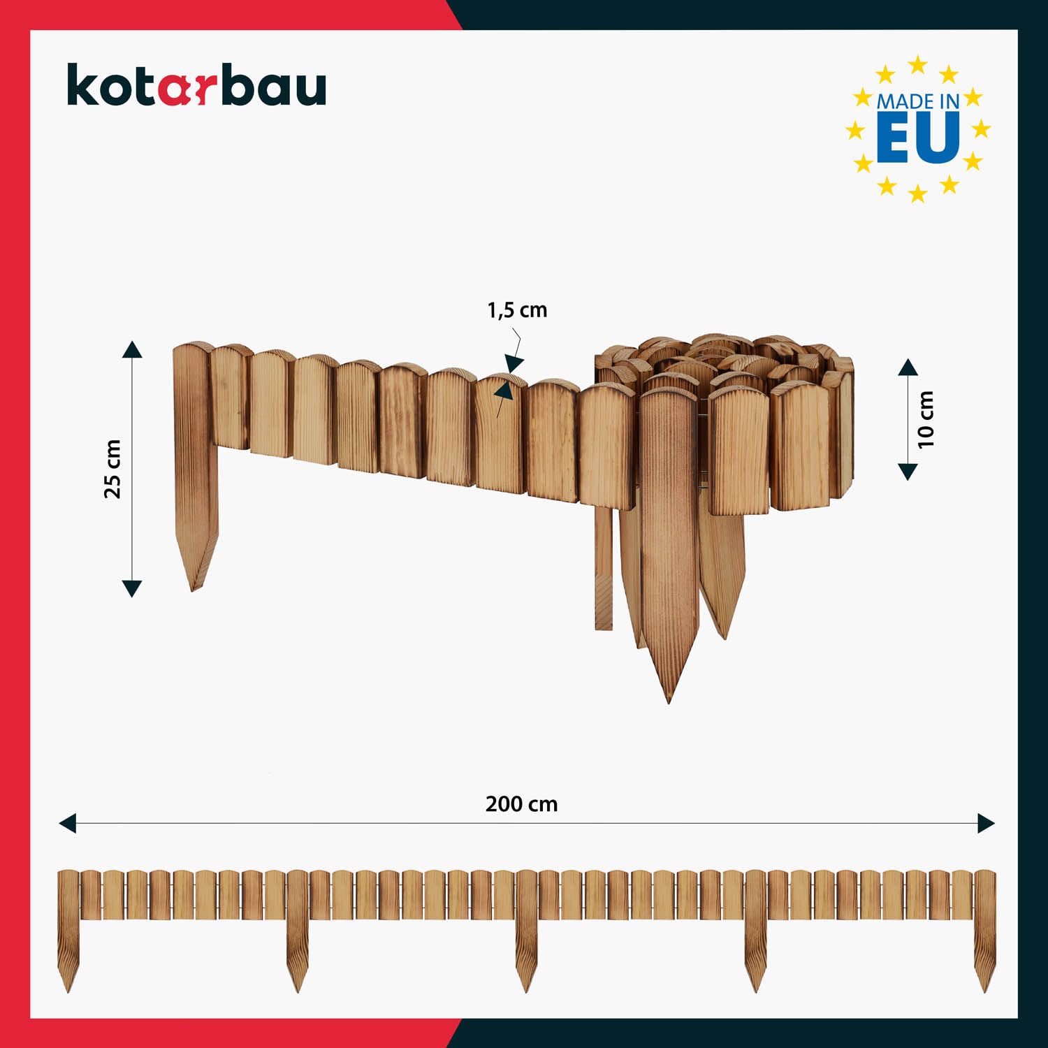 KOTARBAU® Staccionata in Legno per Giardino - 200 x 10 cm - Recinzione Giardino Esterno - Legno Bruciato - Steccato