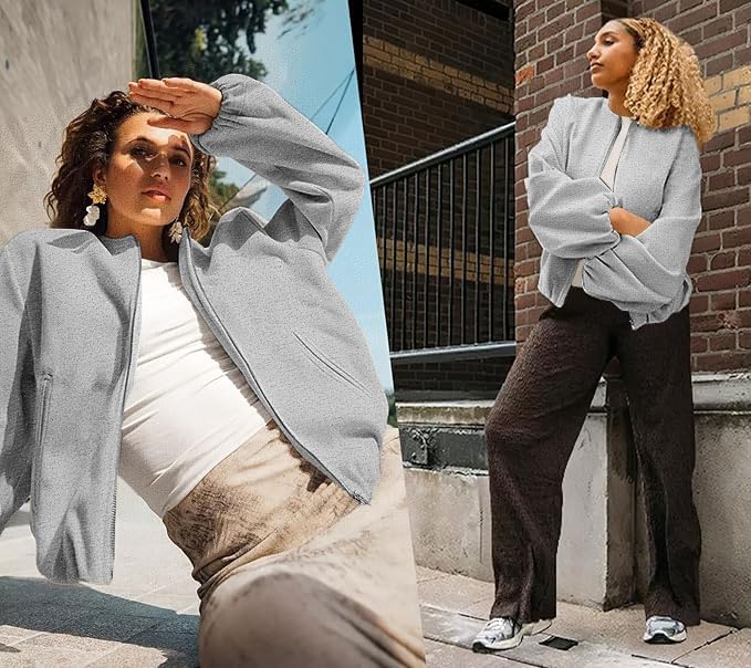 Womens Wool Blend Bomber Jackets Fall Winter Cropped Zip Up Coat Hoodless Outwear with Pockets4