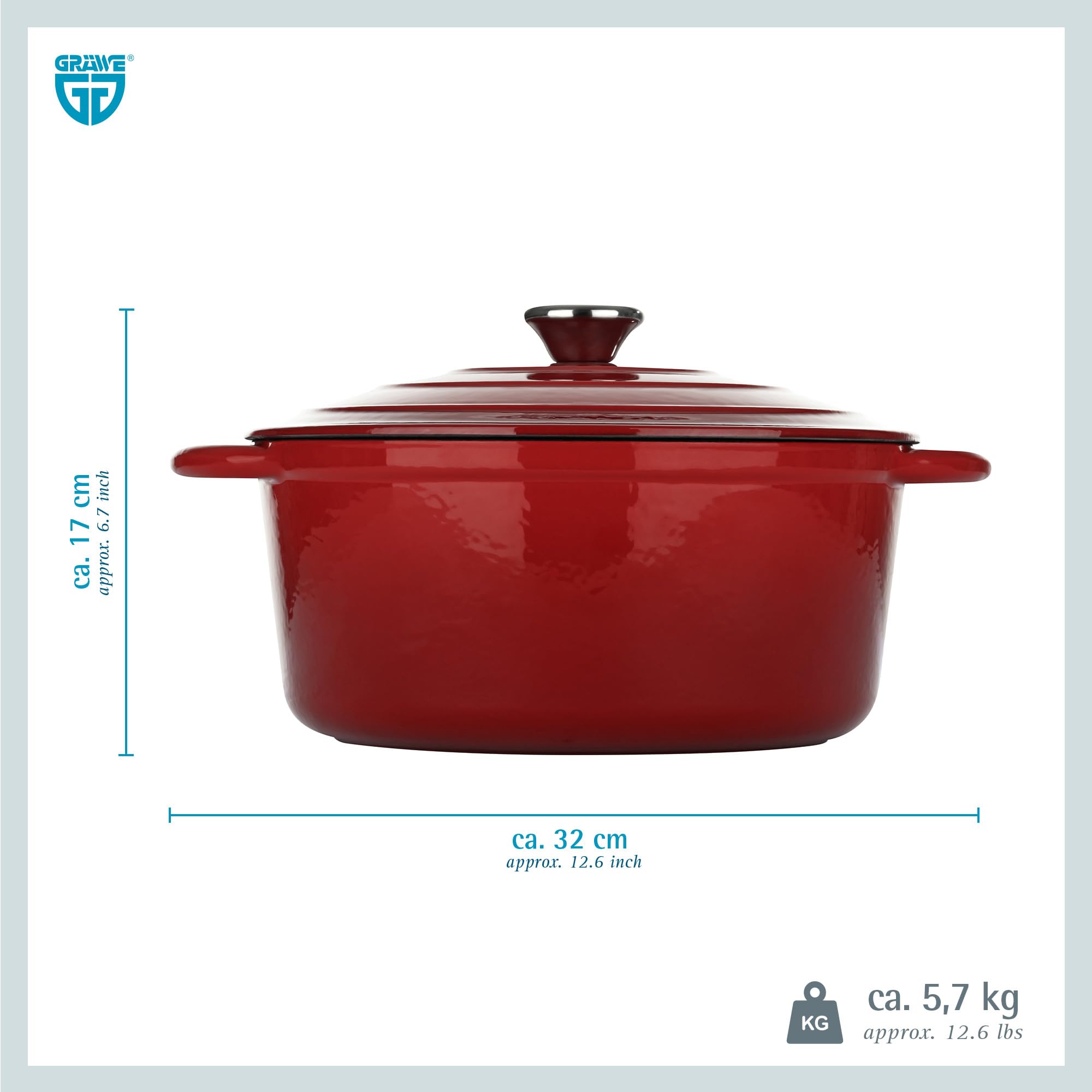 GRÄWE Gusseisentopf, Rot, Ø 26 cm, 4,5 L, 11,5 cm hoch, Schmortopf, Bräter, mit Deckel, Bratentopf, Brottopf, Brotbacktopf, Kochtopf, Emaille-Topf