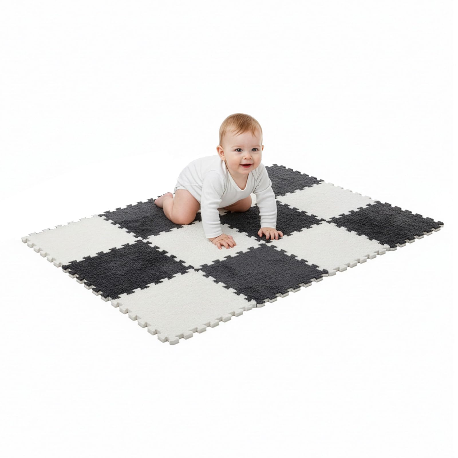 GREENSAPPIRE 12-Pack 30×30×1cm Plush EVA Foam Floor Tiles – Soft Interlocking Puzzle Mats with Edge Pieces for Kids’ Playrooms, Yoga & Home Fitness (Black + White 12pcs)