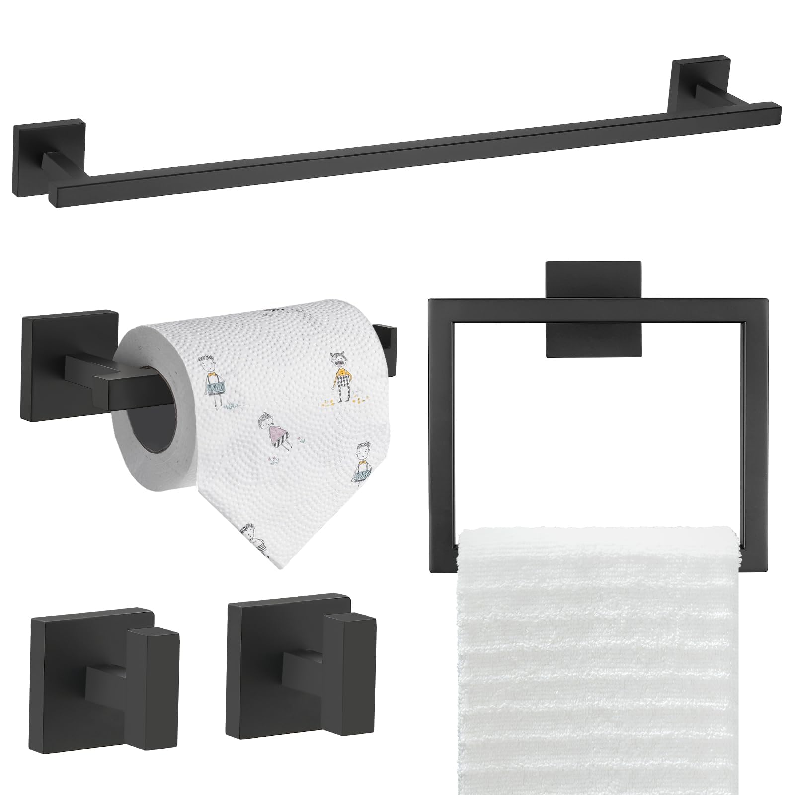 TQKAG 5-Pieces Matte Black Bathroom Hardware Accessories Set 23.6" SUS304 Stainless Steel Towel Bar Set Wall Mounted Square Toilet Paper Holder with Shelf — Amazon image 13