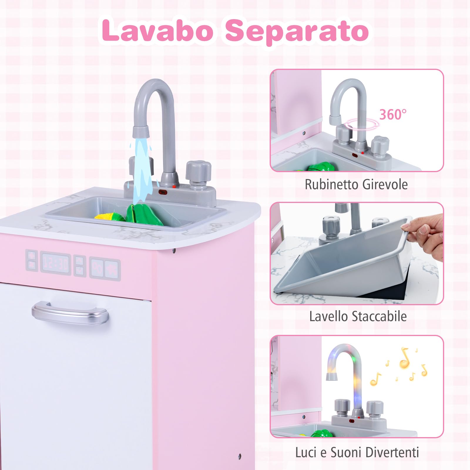 RELAX4LIFE Cucina Giocattolo per Bambini, Cucina Lussuosa in Legno con Effetti Luminosi e Sonori, Forno, Microonde, Macchina del Ghiaccio Lavastoviglie e Lavagna, Regalo per Bambini 3+ Anni (Rosa)