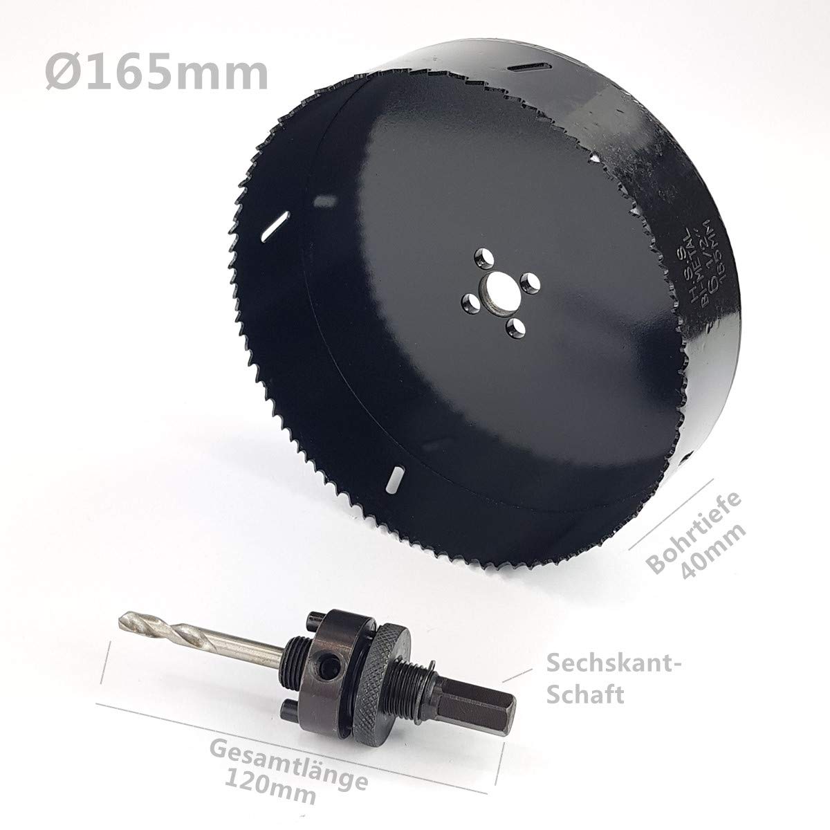 Broca de corona Ø165 mm HSS-Bi-Metallbohrer Bohrkrone Lochkreisssäge con adaptador, profundidad de perforación 40 mm para acero, metales no ferrosos, madera y Holzwerkstoffe etc. Bohrfux.