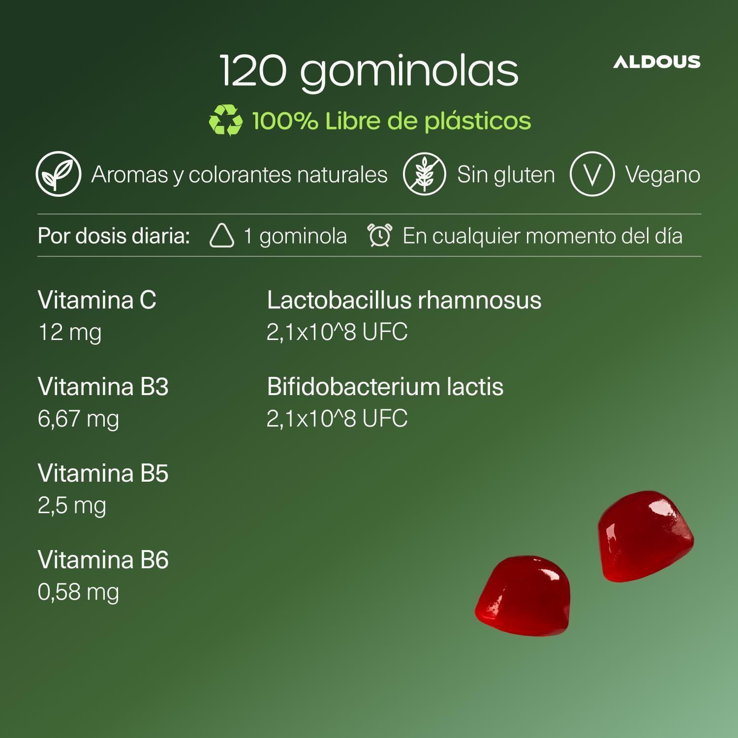 120 Probioticos Gominolas Kids + Vitamina C -Sabor Cereza- Flora intestinal | Gummies con Bifidobacterium, Lactobacillus, Vitaminas B3, B5, B6 y C - Estreñimiento, Buena Digestión, Hinchazón - ALDOUS