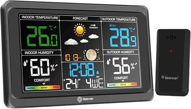 Geevon Thermomètre intérieur intérieur sans fil, Thermomètre numérique à affichage couleur avec baromètre, USB Port de recharge et rétroéclairage réglable (Station météorologique avec 1 Capteur)