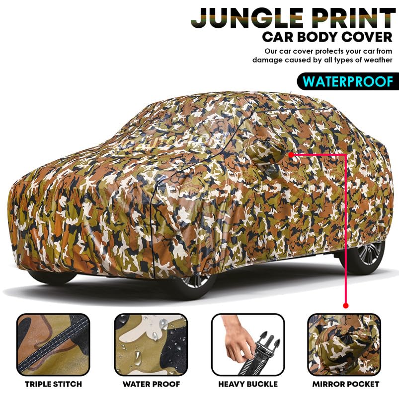 Image of 100% Water Resistance (Trusted) Fully Body Car Cover for Tata Zest (All Models Compatible) Heat Resistant,Triple Stitch, 2 Buckle with Strong Strap (Jungle)