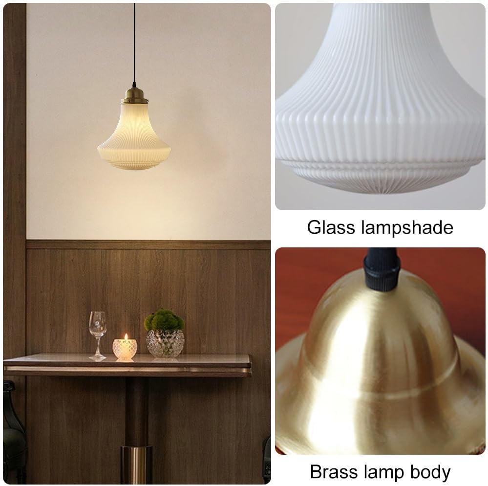 Brass Pendant Light Ribbed Glass Hanging Lamp Shade Vintage Chandelier, 11.8in Kitchen Island Lighting Fixture, E27 Ceiling Suspended Lights for Living Room Restaurant
