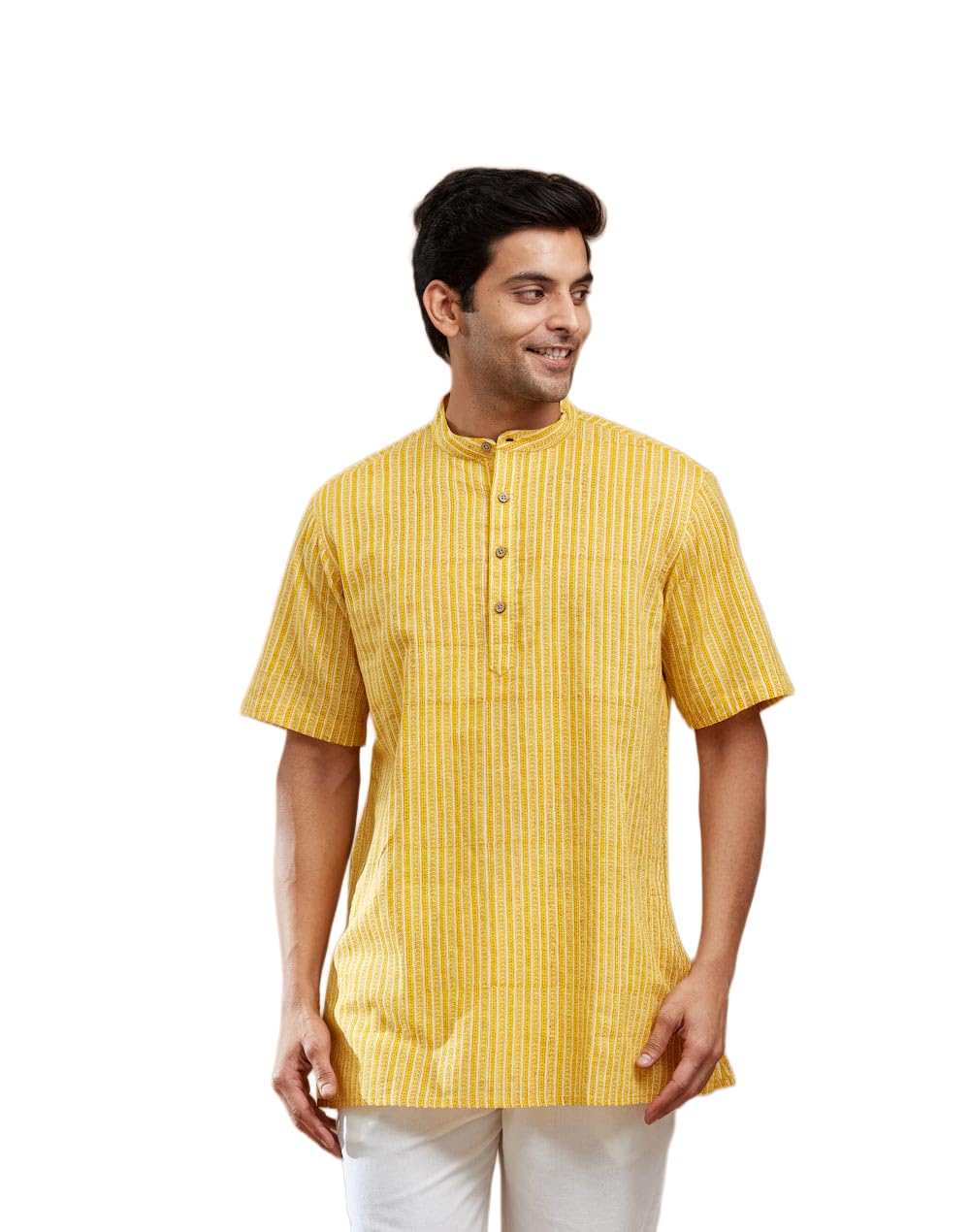 fabindia Men Yellow Striped Cotton Thigh Length Kurta-picture-34