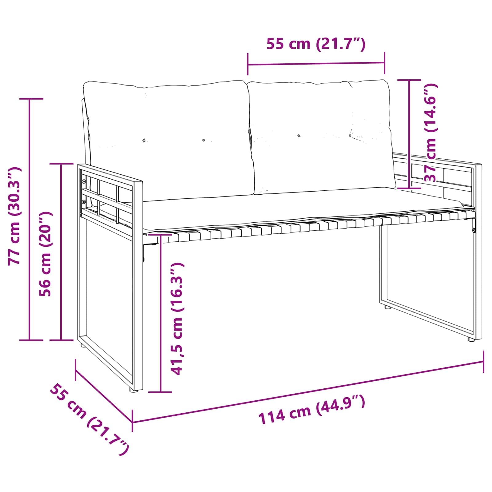 Banco de madera con cojín, color gris pálido, 114 x 55 x 77 cm, banco para balcón y jardín de madera maciza de acacia y acero con recubrimiento en polvo, con patas ajustables
