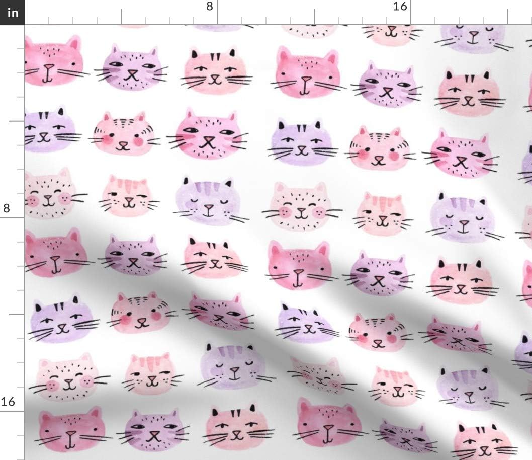 Spoonflower Fabric - Cat Lady Watercolor Cats Pink Animals Kitties Faces Cute Kids Room Printed on Petal Signature Cotton Fabric Fat Quarter - Sewing Quilting Apparel Crafts Decor