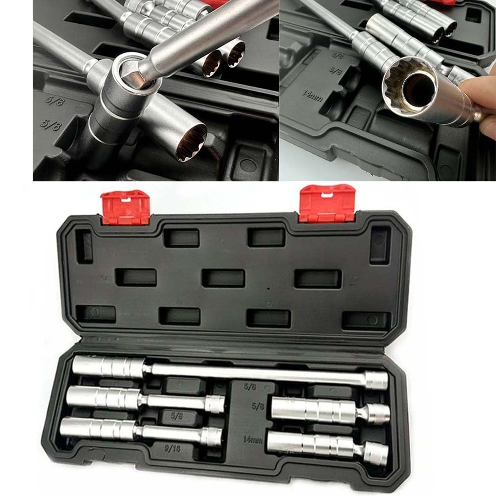 Lecreatekit 5-teiliges drehbares Zündschlüssel-Set, magnetische dünnwandige Verlängerungsschlüssel für Automobil, Motorrad, Chrom-Vanadium-Stahl, 14 mm, 9/16 5/8
