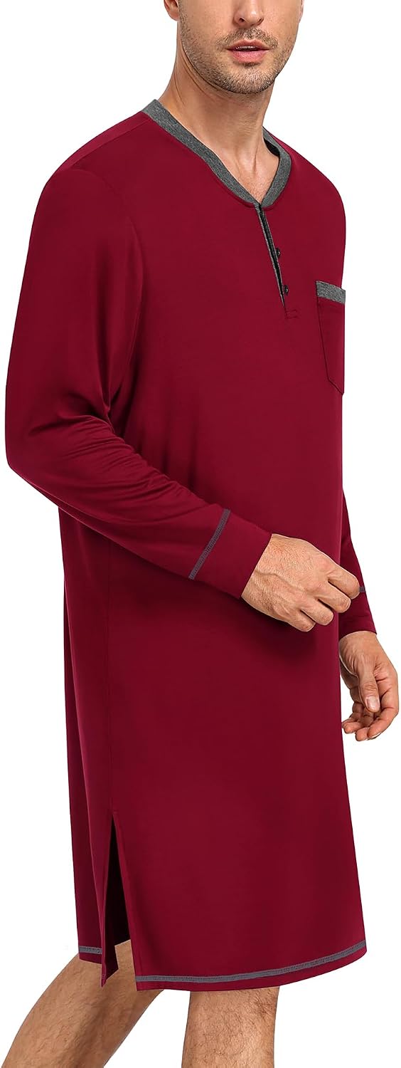 SWOMOG Mens Nightshirt Modal Long Sleeve Nightgown Henley Night Shirts Sleepwear Big & Tall Nightwear S-XXXL