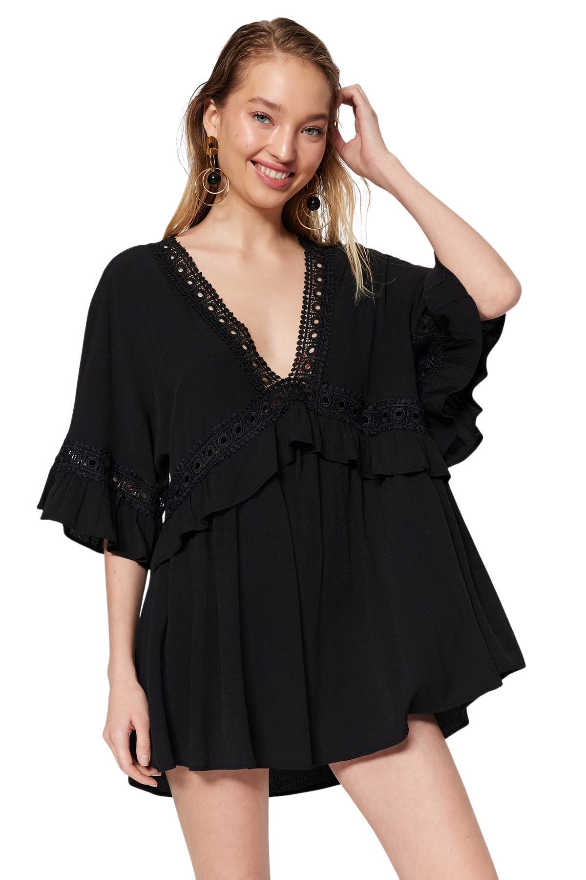 Trendyol Woman Beachwear Mini Basic Regular fit Woven Dress,Black,38