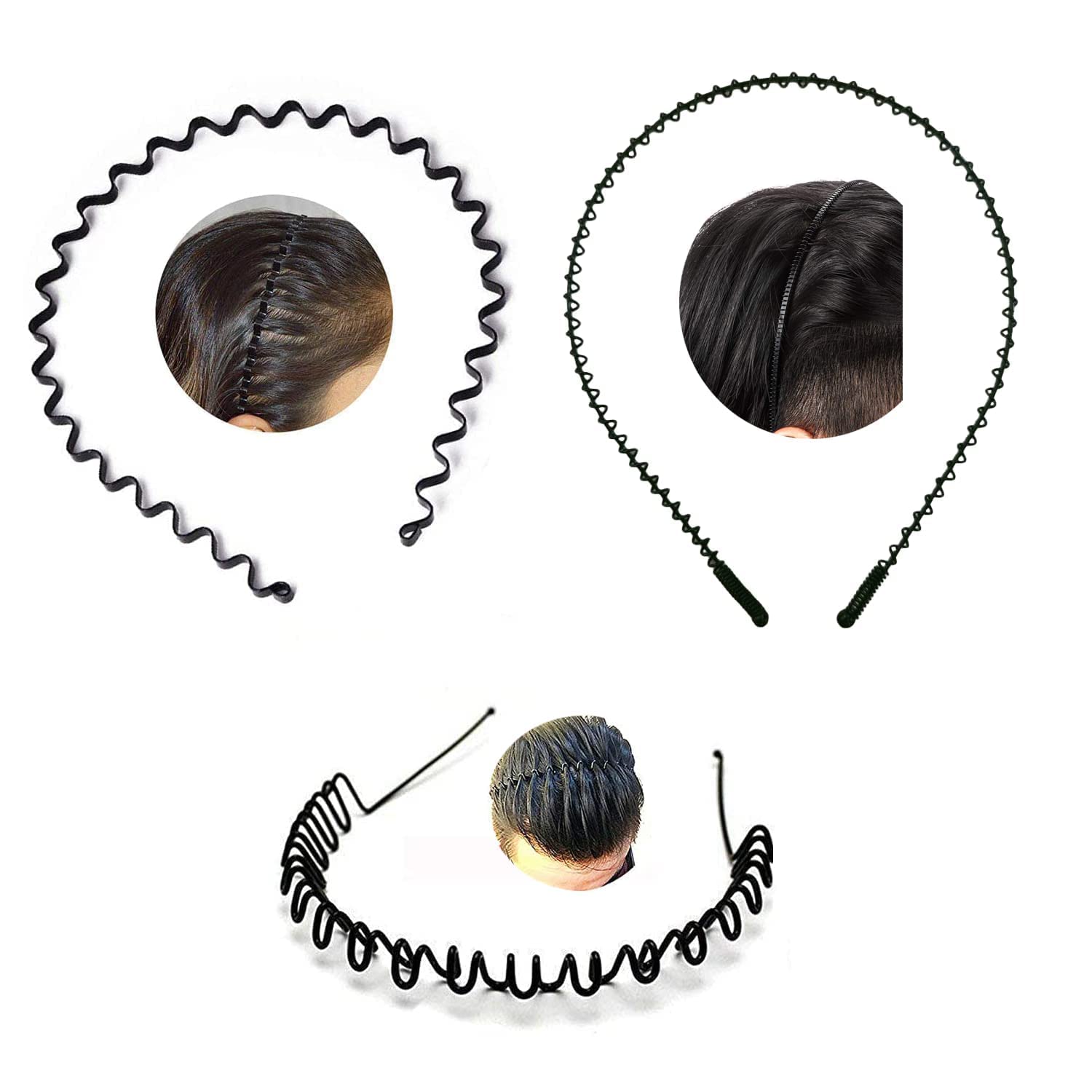 brenzafab 3 Pcs Black Flexible Metal Wavy, Spring And Zig Zag Hair Band Hair Hoop Hairband Daily Use For Unisex Men Women-picture-10