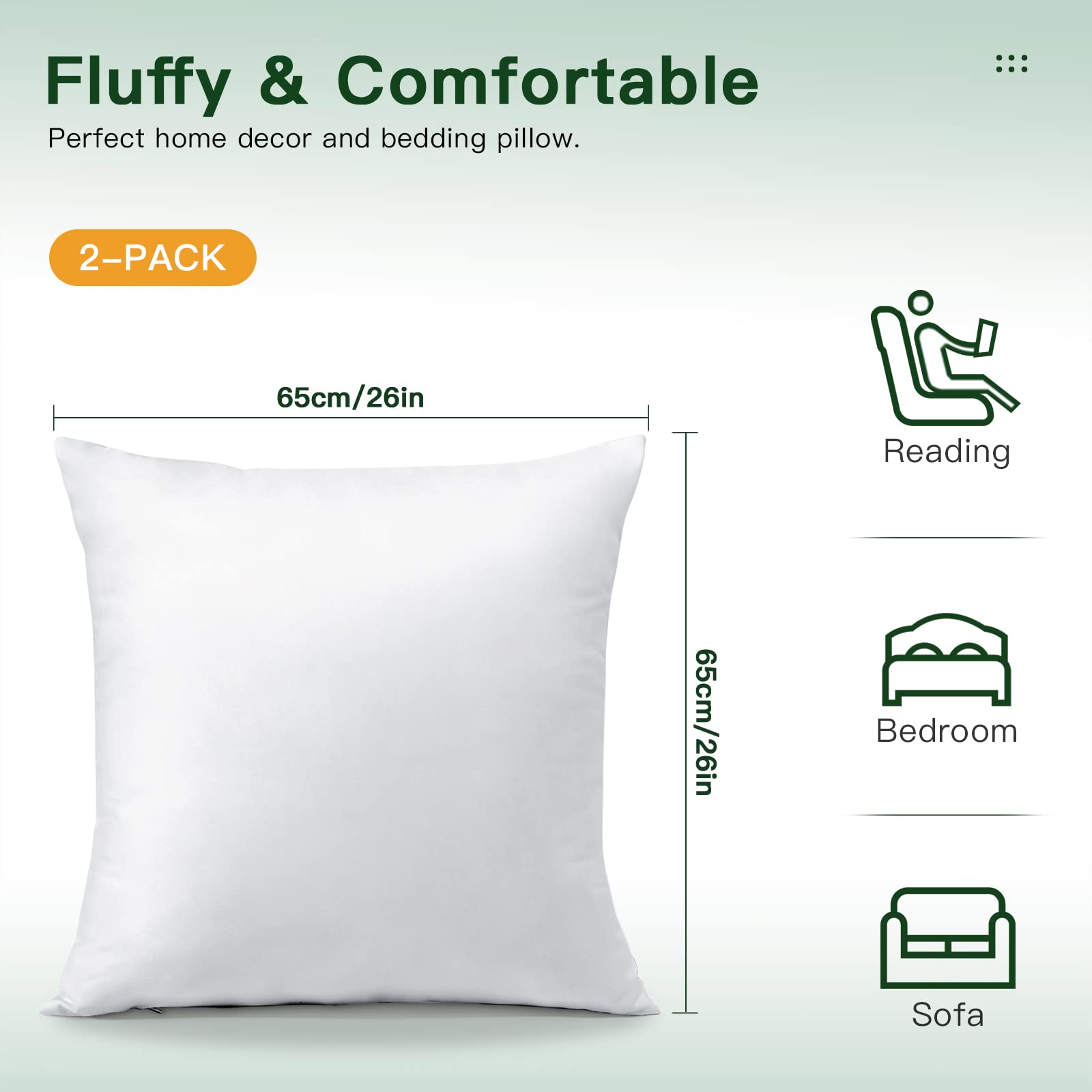 OTOSTAR Pack of 2 Down and Feather Throw Pillow Inserts, 26 x 26 Soft Fluffy Square Pillow Inserts with 100% Cotton Cover Decorative Pillows for Sofa Couch Bed-White