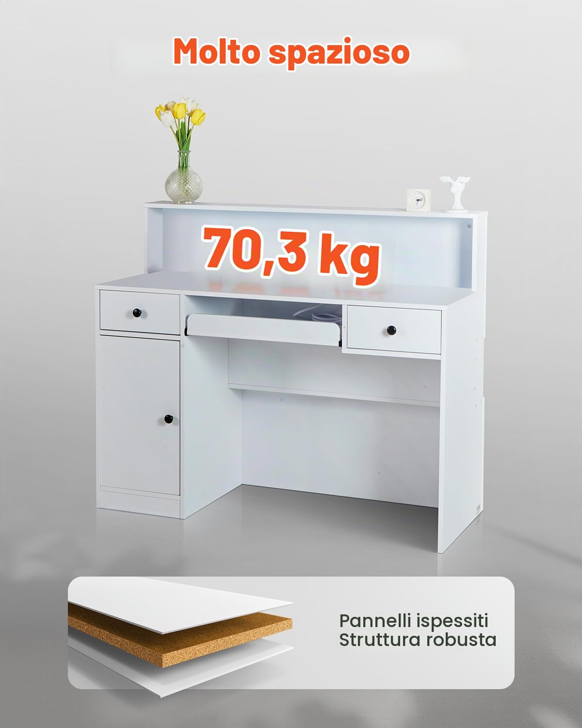 VEVOR Banco Reception 1200 x 475 x 1000 mm Tavolo da Banco Rettangolare, Tavolo di Vendita per Ufficio con Luce a LED, 2 Cassetti e Prese, per Cassa, Hall, Salone di Bellezza e Ufficio, Bianco