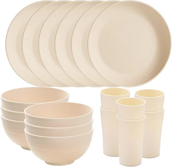 18pcs Wheat Straw Dinnerware Sets Service for 6 SANLUNS Unbreakable Reusable Dinnerware Set Kitchen Cups Round Plates and Bowls Sets Microwave Dinnerware Set for Kitchen Travel Camping