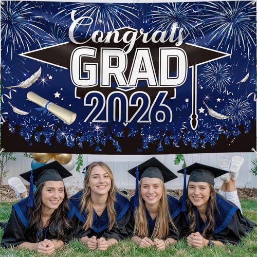 Image of Graduation Banner, Graduation Decorations 2026, Blue Black Banner Graduation, Large Blue Graduations Sign Backdrop, Class of 2026 Congrats Grad Party Decor for Door Porch Sign Indoor Outdoor 180*110cm