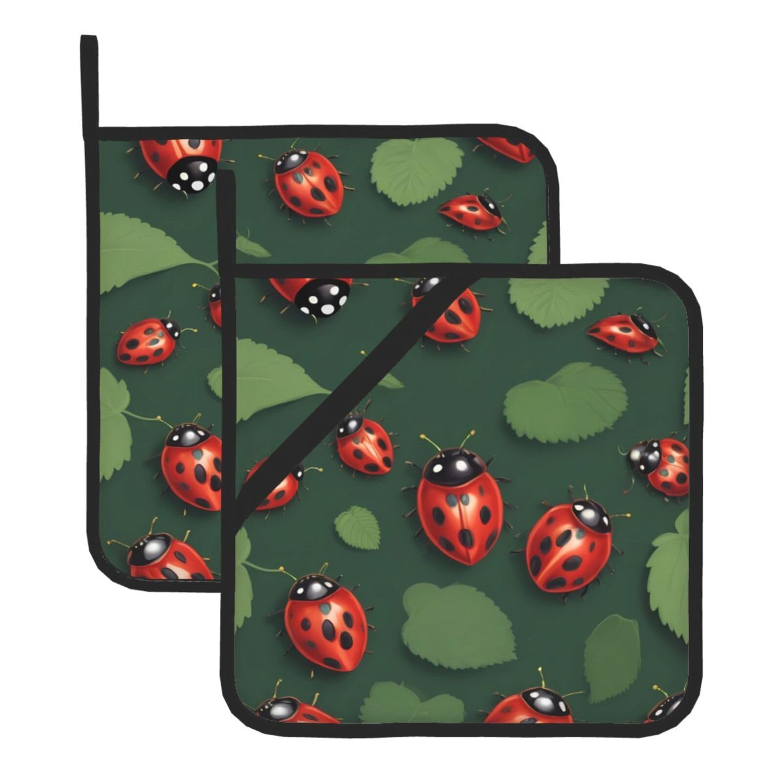 HJFCZH Strawberry Ladybug Printed Square Insulated Pot Mat Set (2-Piece) 8x8in Waterproof, Thickened & Easy to Clean with Lanyard Design for Kitchen, Oven & BBQ