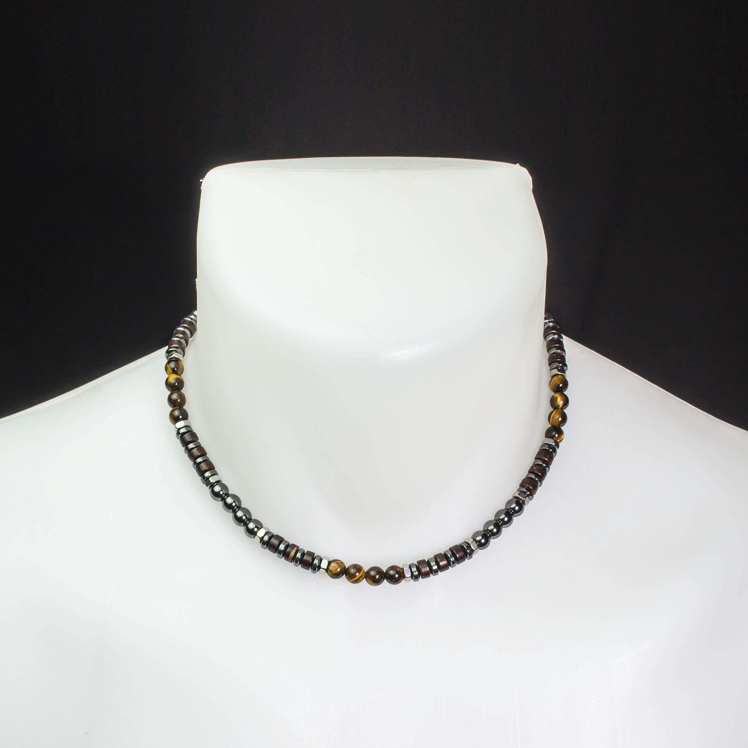 Collier Homme/Femme perles Ø 6 mm pierre naturelle gemme Œil de tigre Hématite Bois coco métal INOX couleur argent Style antique Fait main en France