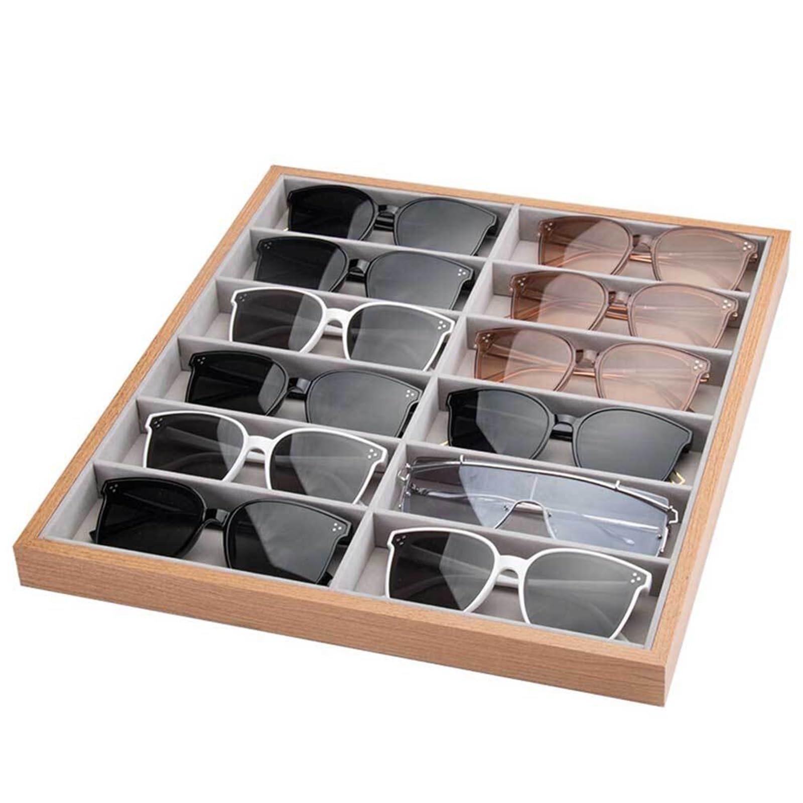 Organizador para Gafas De Sol Estante de Almacenamiento de Madera for Gafas, Bandeja de exhibición for Gafas de Sol, Caja organizadora for Almacenamiento, 12 Rejillas(Grey Inner)