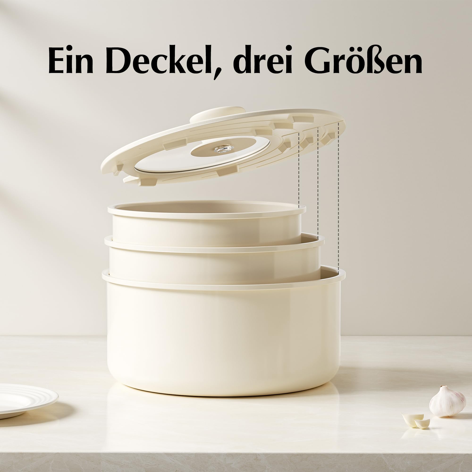 Redchef Set di Pentole Ceramica e Casseruola con manici rimovibili, pentole antiaderenti 16/18/20cm, coperchio ermetico 3-in-1, compatibile con induzione e tutti i piani cottura, resistenti al forno