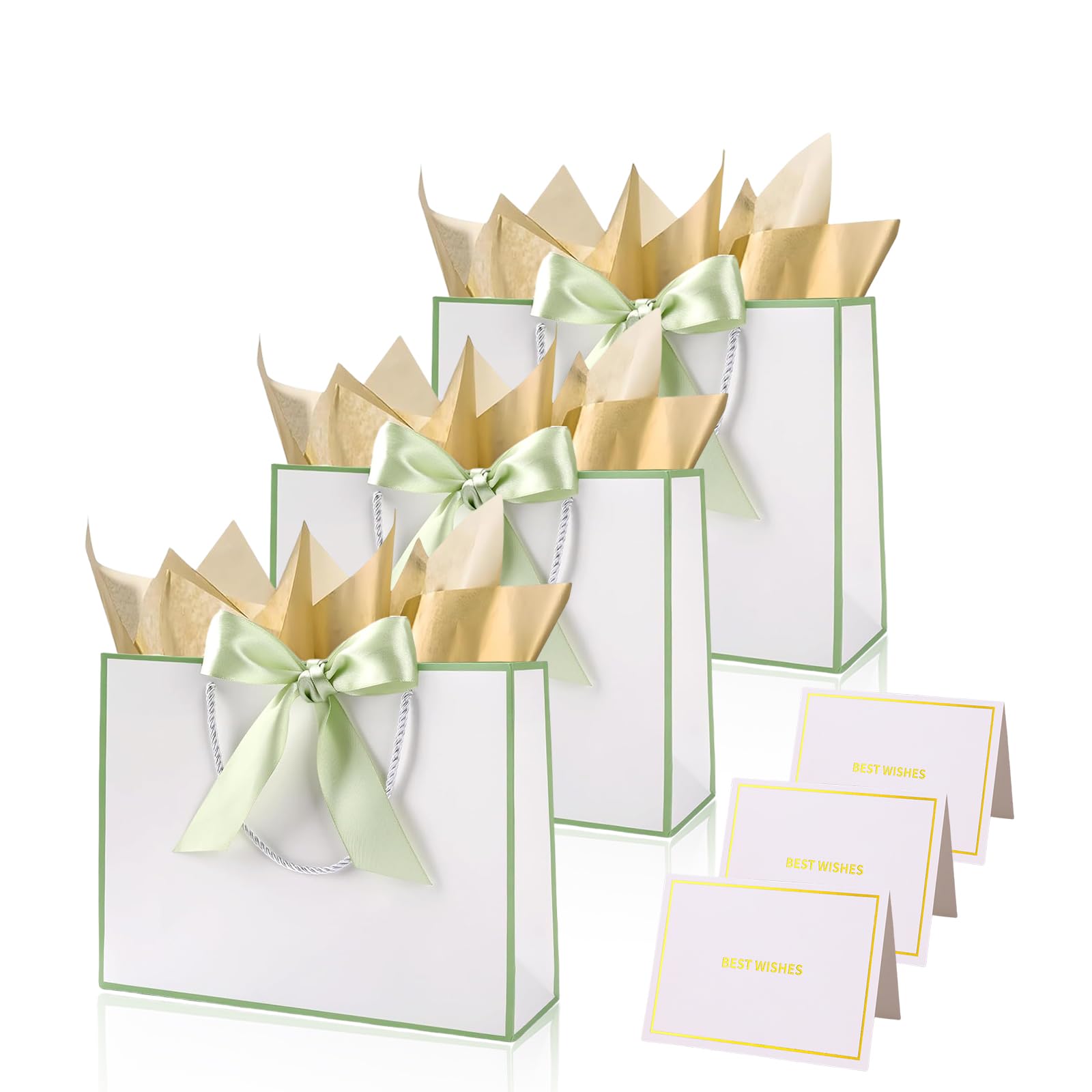 White Green Gift Bags for Presents,3P Medium Present Bags with 6 Metallic Gold Tissue/3 Card,Personalised Birthday Gift Paper Bag with Ribbon,28*20*10 Wrapping Bag for Christmas Wedding Gift Party Bag — image 1