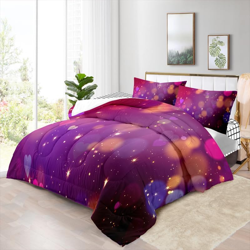 Valentine Comforter Set Purple Bokhen Bedding Set with 1 Comforter and 2 Pillow Covers for Bedroom Dormroom All Season Queen 90x90inches