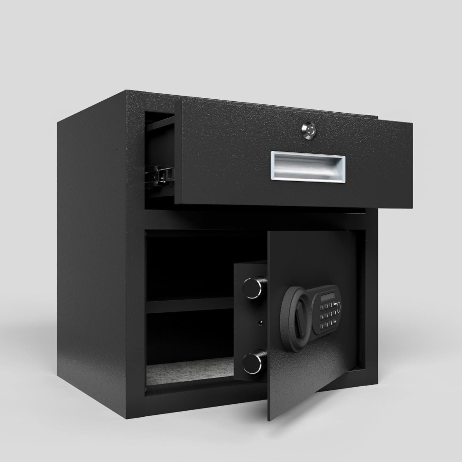 coffre Un coffre-fort de sécurité en acier avec un clavier électronique et une clé de rechange