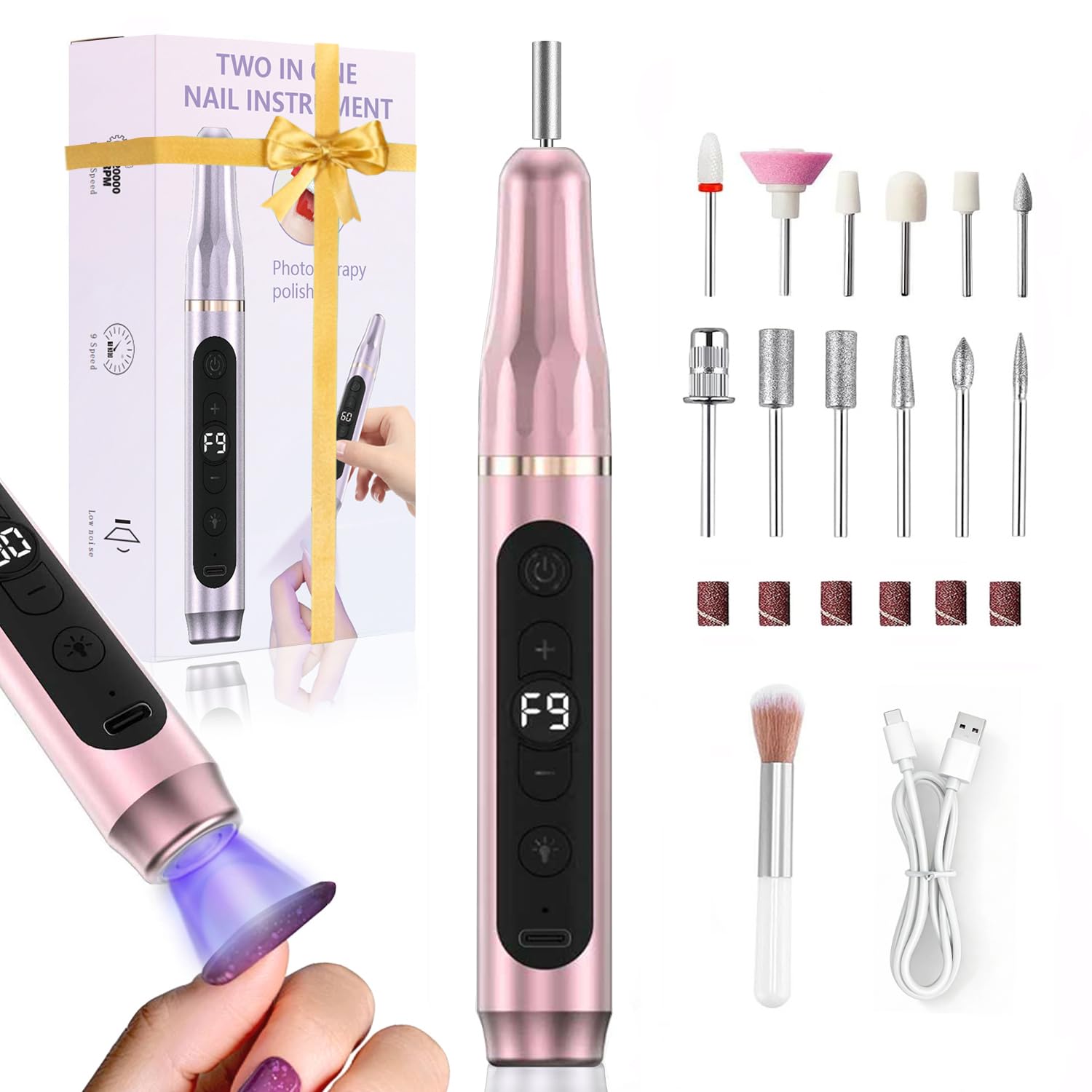 Fresa per Unghie 12 in 1 Kit Professionale 20000RPM Elettrica Fresa Unghie Elocità Regolabil Lima Lampada Unghie LED UV 2 in 1 Rosa