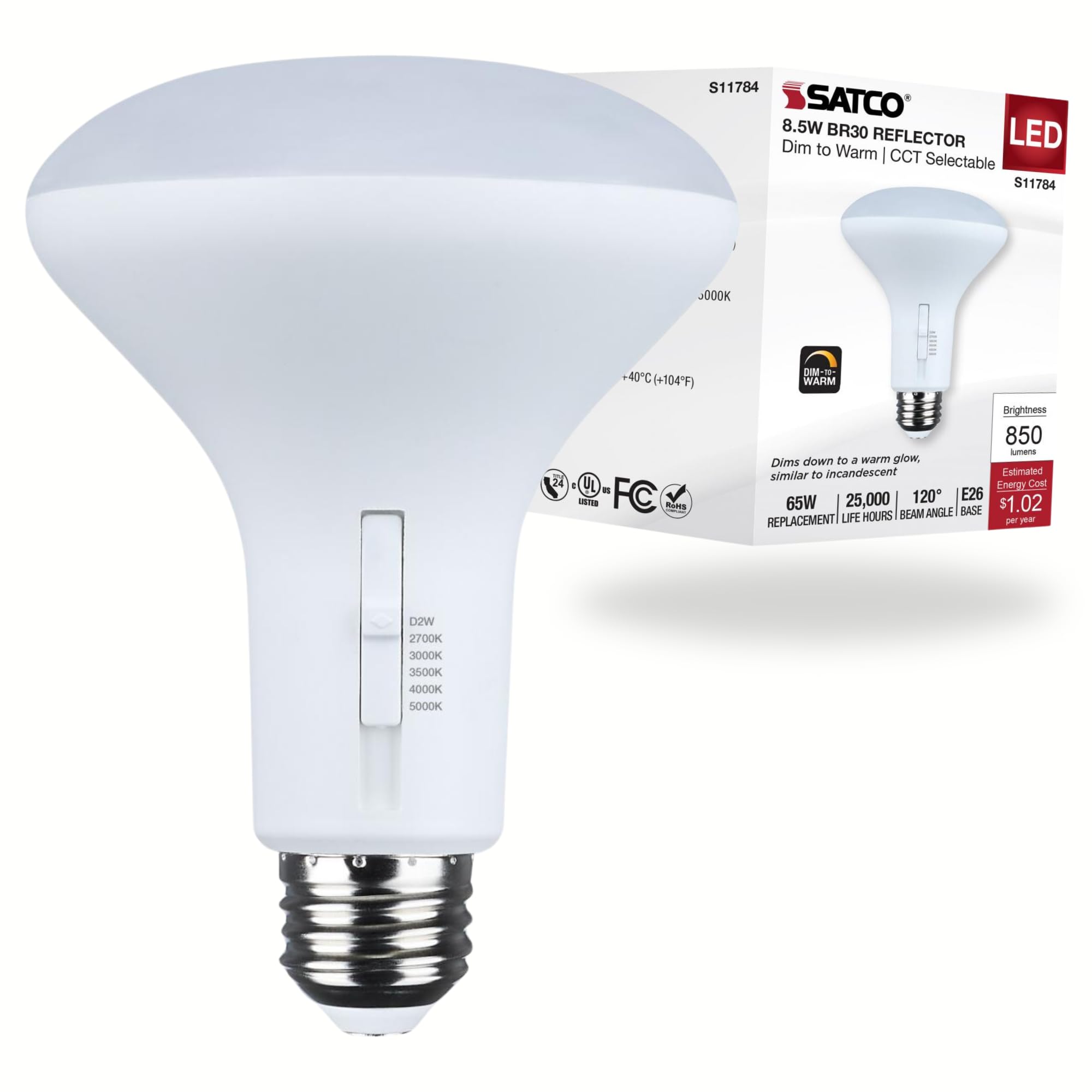 Satco S11784 8.5 Watt BR30 LED; 27K/30K/35K/40K/50K CCT Selectable; Dim