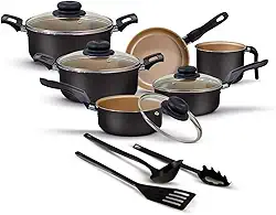 Jogo de Panelas Antiaderentes 9 Peças Conjunto Com Tampa de Vidro Temperado, Revestimento em Teflon, Alças Que Não Esquentam. Funciona em Fogão a Gás. Linha Essenza Tradicionale (Preto Bege)