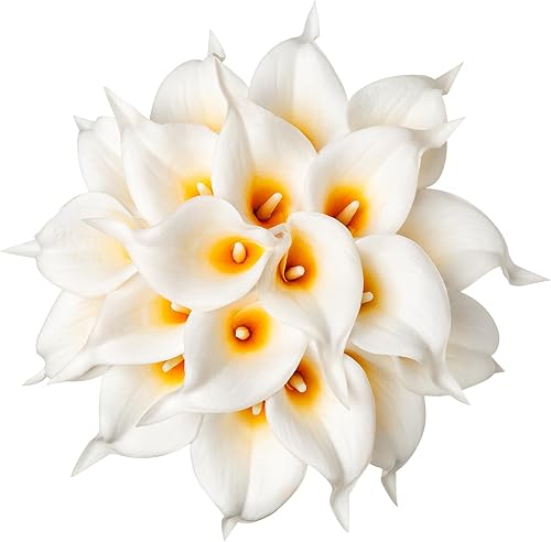 Miniatura 6 de DuHouse 20 flores artificiales de látex de tacto real para bricolaje, ramo de boda, fiesta, decoración del hogar (blanco amarillo)