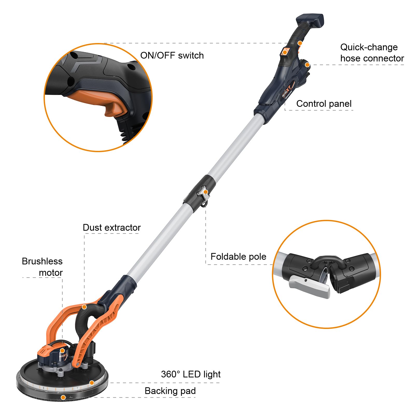 MAXXT Levigatrice per cartongesso brushless – Doppio canale per aspirazione a soffitto, canale singolo/doppio per pareti in cartongesso, luce LED, 600–1200 giri/min, 550 W, piattello 215 mm