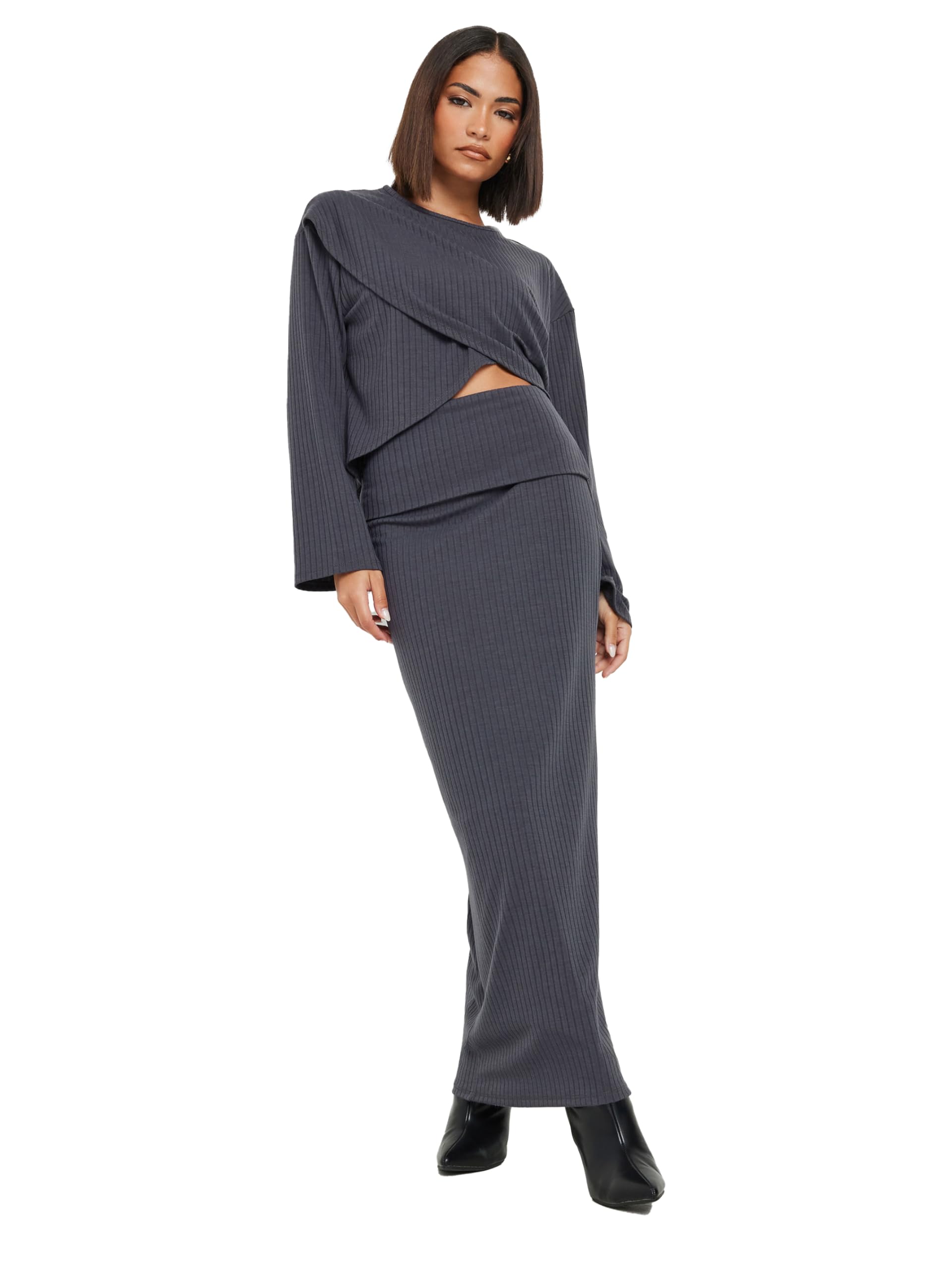 Pixiegirl Women's Grey Petite Fold Over Ribbed Skirt Petite