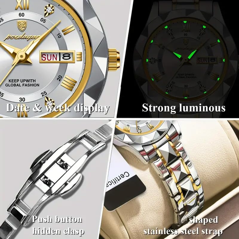 Image of Gosasa Luxury Men's and Women's Business Diamond Stainless Steel Waterproof Roman Numeral Analog Quartz Watch with Day-Date Calendar, Gold and Silver Tone